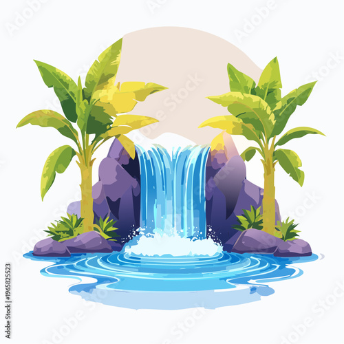 Beautiful Waterfall surrounded by Lush Tropical Plants and Rocks