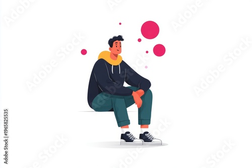 Young hispanic male sitting in casual outfit with geometric shapes in background