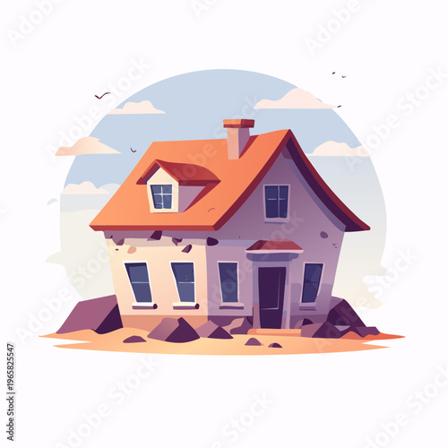 Charming Brick House with Orange Roof and Cloudy Sky Illustration