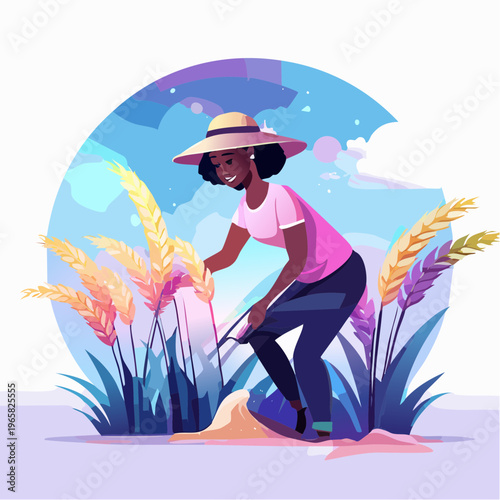 Smiling woman cultivating a bountiful field of vibrant crops under a clear blue sky, enjoying nature's beauty