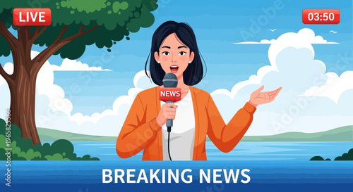 Cartoon news anchor presenting breaking news in a scenic outdoor setting.