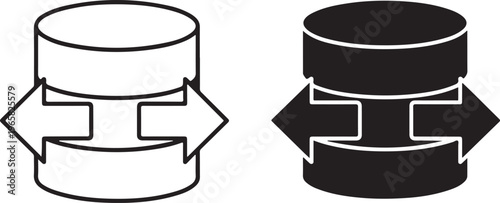 Two database cylinder with opposing horizontal arrows indicating data transfer or synchronization in black and white outline and solid styles