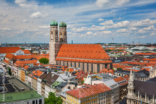Elevated view of the Frauenkirche (Cathedral of Our Dear Lady) and the historic old town skyline in Munich, Bavaria, Germany.