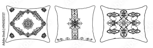 Bobbin lace pillow set with black line art illustration on white background featuring lace, pillow, texture with embroidery and fabric