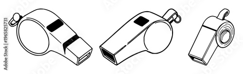 Bosun's whistle set with black line art on white background featuring nautical tool, speaking device, sailors equipment with illustration and vector