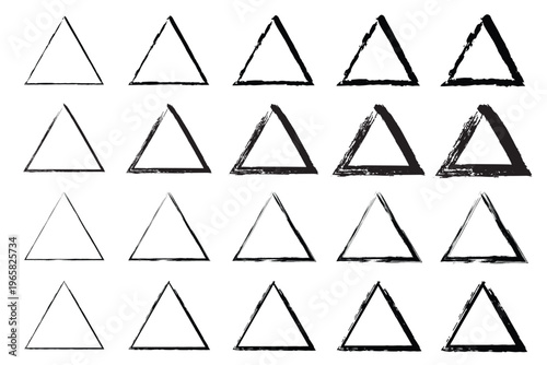 A series of 20 black and white triangle illustrations with varying line thickness and shading