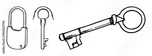 Black line art, brass shackle key, white background set with simple line art design featuring simple design, minimalist, black and white with illustrations and graphics