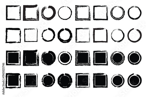 A series of black and white squares and circles in various states of completion and shading on a plain background