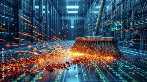 Broom sweeping glowing code on a futuristic digital grid