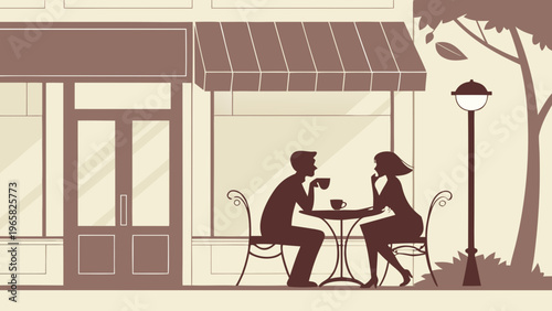 Couple sitting at cafe table silhouettes, romantic conversation dating scene, coffee shop meeting lifestyle illustration, people relationship moments vector