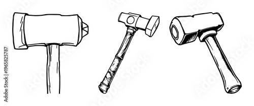 War hammer set with heavy black line art head on blank white background featuring warhammer, head, heavy, black line art with metal and weapon and fantasy