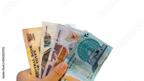 Foto Isolated Hands holding egyptian pounds banknotes, representing egyptian currency