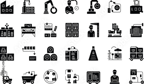 Industrial manufacturing and logistics warehouse icon collection featuring robotic arms conveyor belts shipping packages and factory production symbols in glyph style