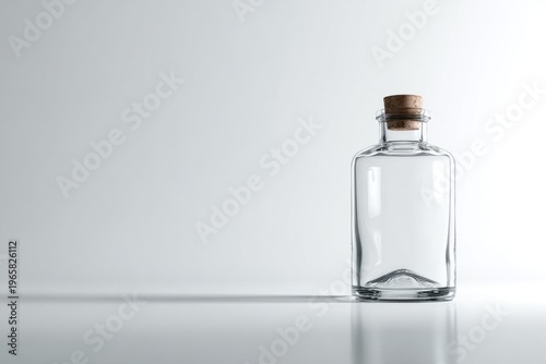 Minimalist glass bottle with cork on white background