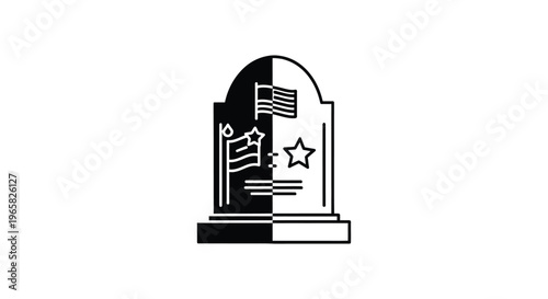 Minimalist military headstone vector icon, black and white gravestone with American flag and star, veteran memorial cemetery symbol for Veterans Day