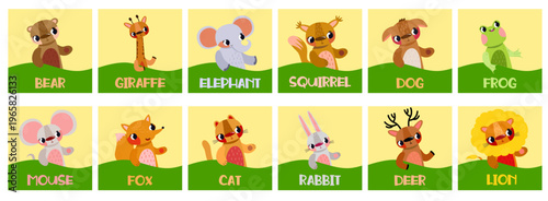 Educational animal matching game cards for children featuring various cartoon creatures with names on a yellow background