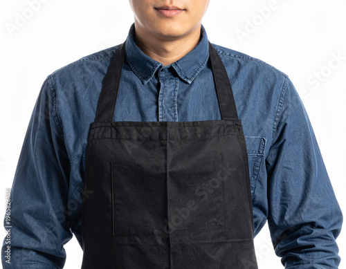 Apron on man in denim shirt mock up isolated on white background