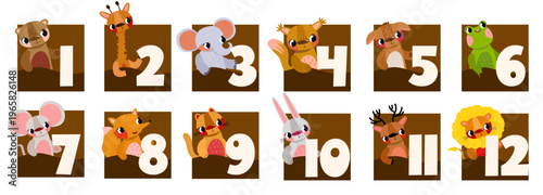 Educational animal number matching flashcards set with numbers 1 to 12 in dark squares for children