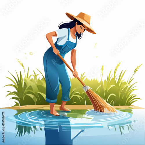 Farmer cleaning water body with a broom on a sunny day