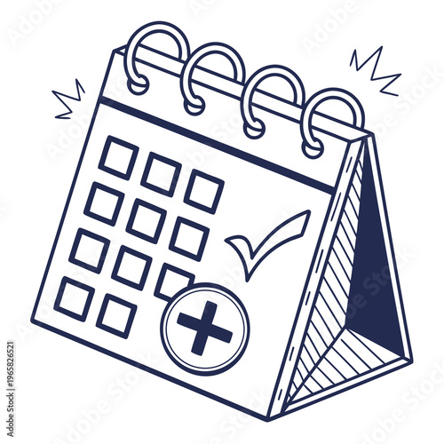 Calendar with checkmark and plus sign isolated, showing event confirmation and addition, business or personal scheduling concept