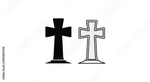 Christian cross vector icons set, religious crucifix symbols in solid black and outline style, church faith and spirituality graphic elements