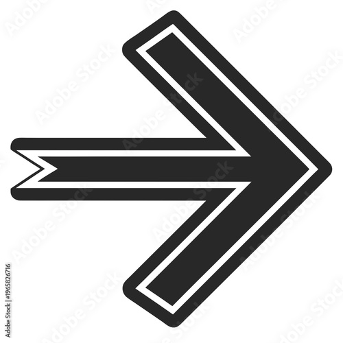 Dynamic black and white right-pointing arrow with stylized tail, representing movement, advancement, and forward trajectory