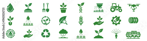 set of green agriculture and sustainability icons with plants, farming tools, irrigation, and renewable energy on transparent background