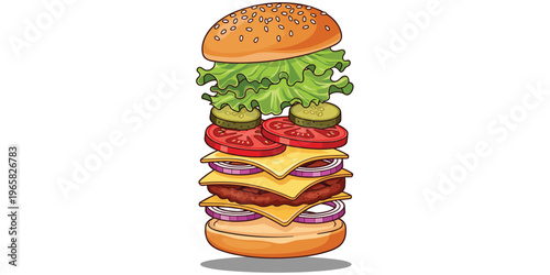 Hamburger ingredients layered illustration, cheeseburger stack artwork, food preparation design, fast food vector, detailed sandwich composition illustration