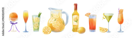 Watercolor cocktails. Martini glasses. Summer birthday party. Refreshing beverage with lemon. Champagne bottle. Alcohol wineglasses. Lemonade jug. Citrus slice and ice. Vector drinks set