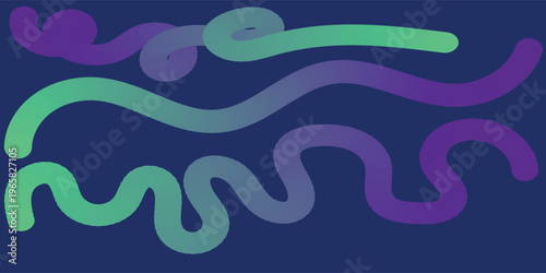 Abstract 3D Fluid Wavy Line Composition with Green and Purple Gradient Curves Isolated on Dark Blue Background