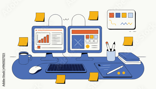 A modern workspace with two computer monitors and office supplies