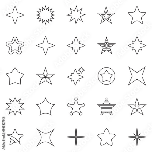 Collection of black star icons and shapes. Set of shiny black star icons in various shapes, isolated on light background, ideal for design, UI, and festive use