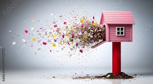 Exploding pink birdhouse with colorful debris