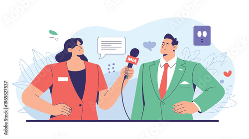 Dynamic female reporter holding a microphone with "MIA" logo, actively interviewing a male professional, set against a modern background with abstract shapes and speech bubbles, representing media eng