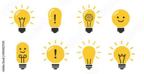 set of yellow light bulbs icons with various symbols and smiles isolated on transparent background