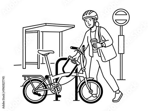 Woman locking bicycle at bus stop during daily commute