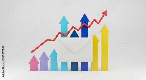 A colorful infographic depicting a rising trend with arrows and bars