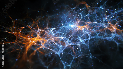Fototapeta kuchenna Abstract quantum web of delicate connective tissue strands glowing blue and gold, resembling neural networks or cosmic structures. Ethereal, calming, and futuristic design