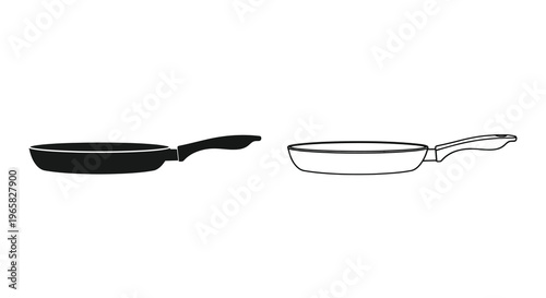 Two frying pans depicted in contrasting black and white line art