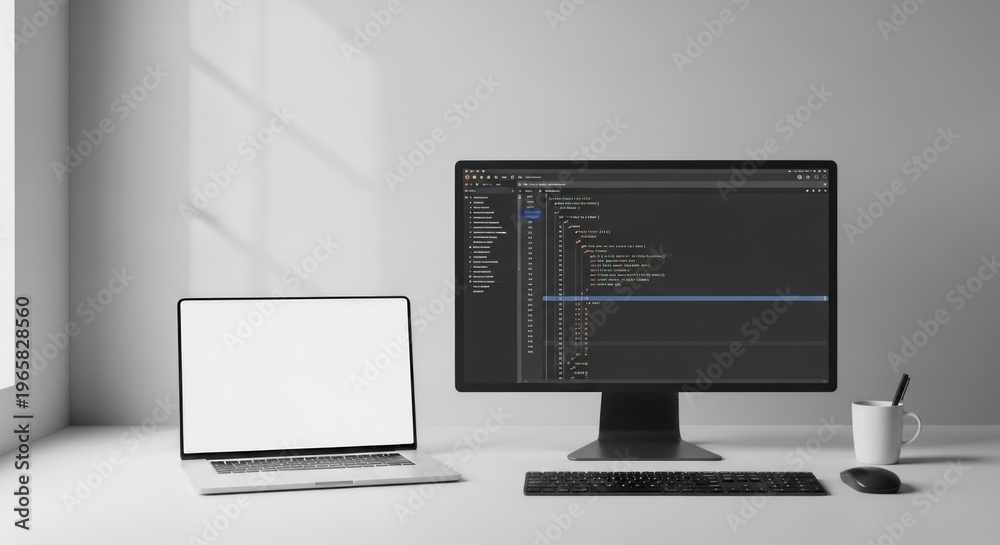 Fototapeta premium A laptop and a monitor sit on a white desk bathed in sunlight. The monitor displays a code editor with a complex, scrolling code window.