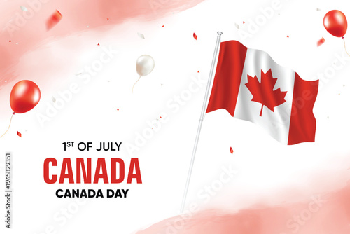 Canada Day Day. Canada Flag Waving With Floating Balloons On Watercolor Grunge Backgorund Design Vector Illustration.