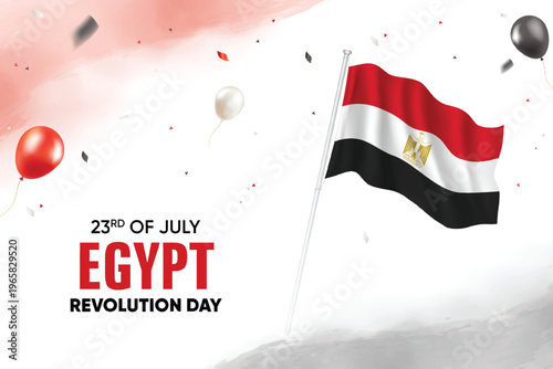 Egypt Revolution Day. Egypt Flag Waving With Floating Balloons On Watercolor Grunge Backgorund Design Vector Illustration.