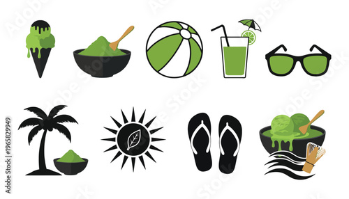 A matcha green summer icon set with various refreshing elements