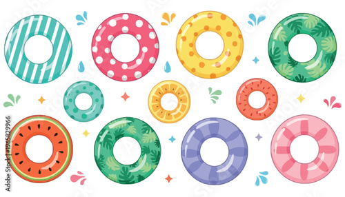 Inflatable pool floats in various colorful designs and patterns illustration
