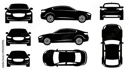 Black Car Silhouettes: Front, Side, Top Views - Vector Graphics