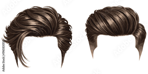 Modern men’s hairstyles illustration, tousled layered haircut and sleek combed style comparison, grooming fashion artwork design concept, flat vector illustration