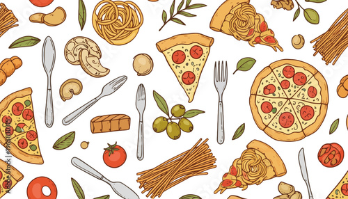 Food illustration of various Italian dishes and utensils on a white background