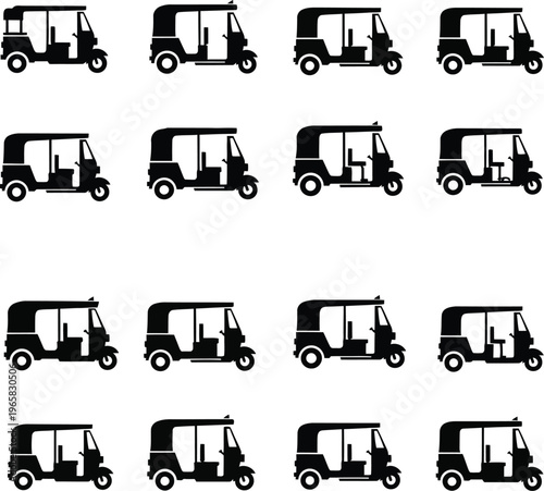 Black silhouette auto rickshaws arranged in a grid pattern black and white transportation