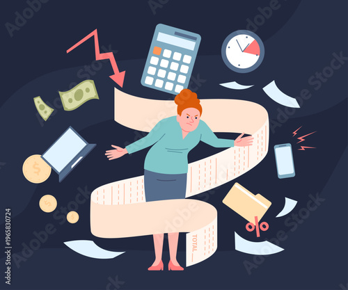 Angry person with financial problems. Long paper bill roll, loan or credit invoice. Frustrated female character, money, coins, business falling, recent vector scene