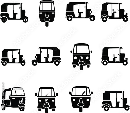 Collection of black and white auto rickshaw in various views three wheeler vehicle 1 transport